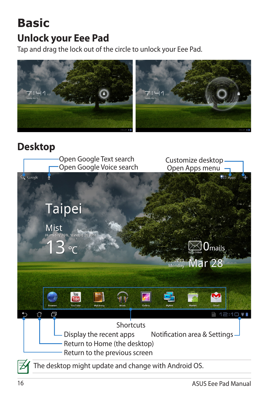 Basic, Unlock your eee pad, Desktop | Unlock your eee pad desktop | Asus Eee Pad Transformer TF101G User Manual | Page 16 / 56