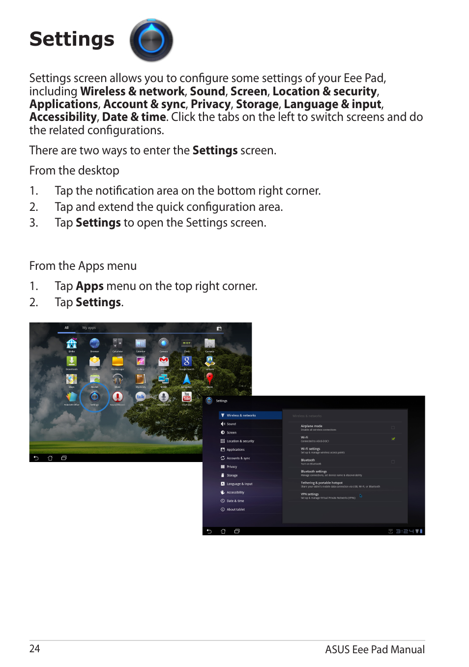 Settings | Asus Eee Pad Transformer TF101G User Manual | Page 24 / 56