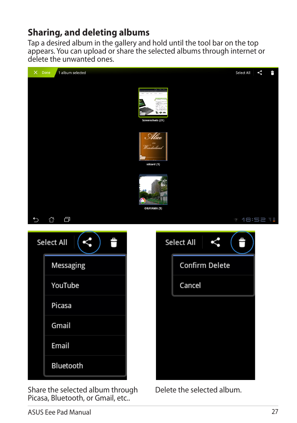 Sharing, and deleting albums | Asus Eee Pad Transformer TF101G User Manual | Page 27 / 56