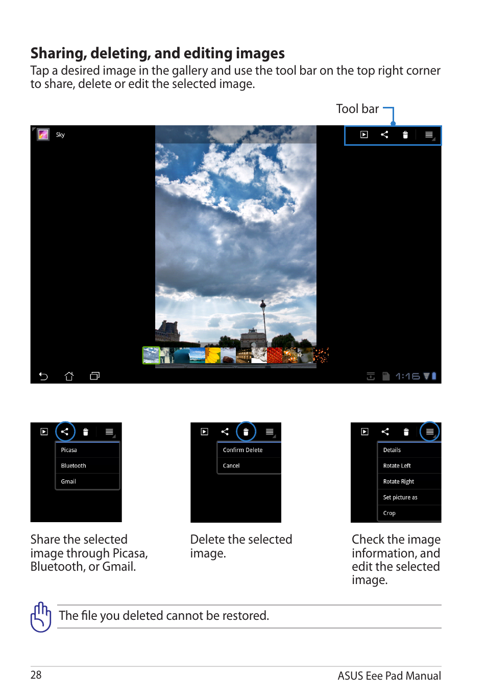 Sharing, deleting, and editing images | Asus Eee Pad Transformer TF101G User Manual | Page 28 / 56