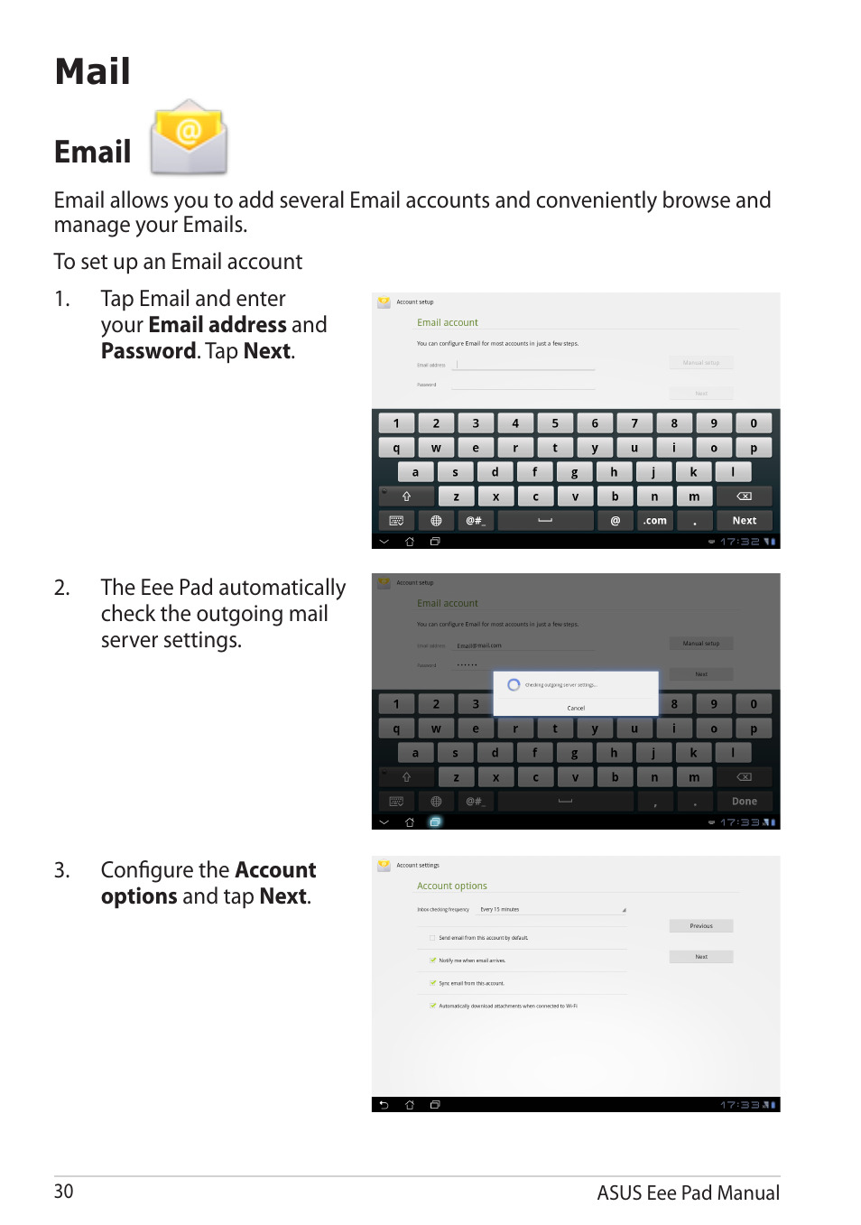 Mail, Email | Asus Eee Pad Transformer TF101G User Manual | Page 30 / 56