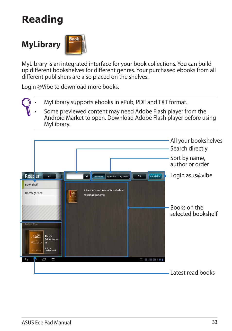 Reading, Mylibrary | Asus Eee Pad Transformer TF101G User Manual | Page 33 / 56