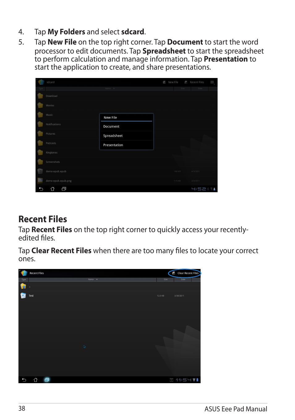 Recent files | Asus Eee Pad Transformer TF101G User Manual | Page 38 / 56