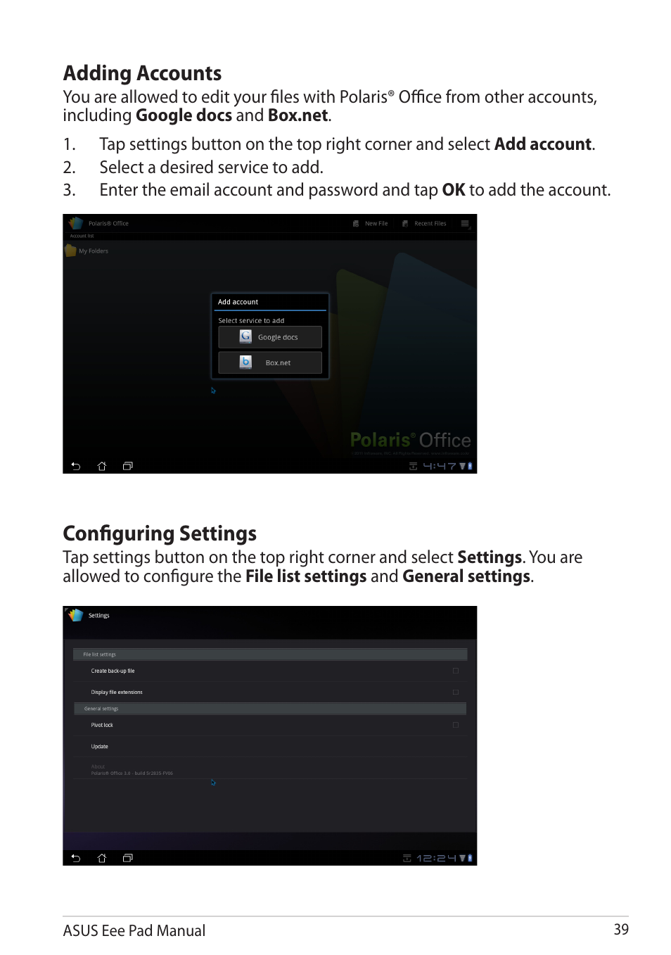 Adding accounts, Configuring settings | Asus Eee Pad Transformer TF101G User Manual | Page 39 / 56