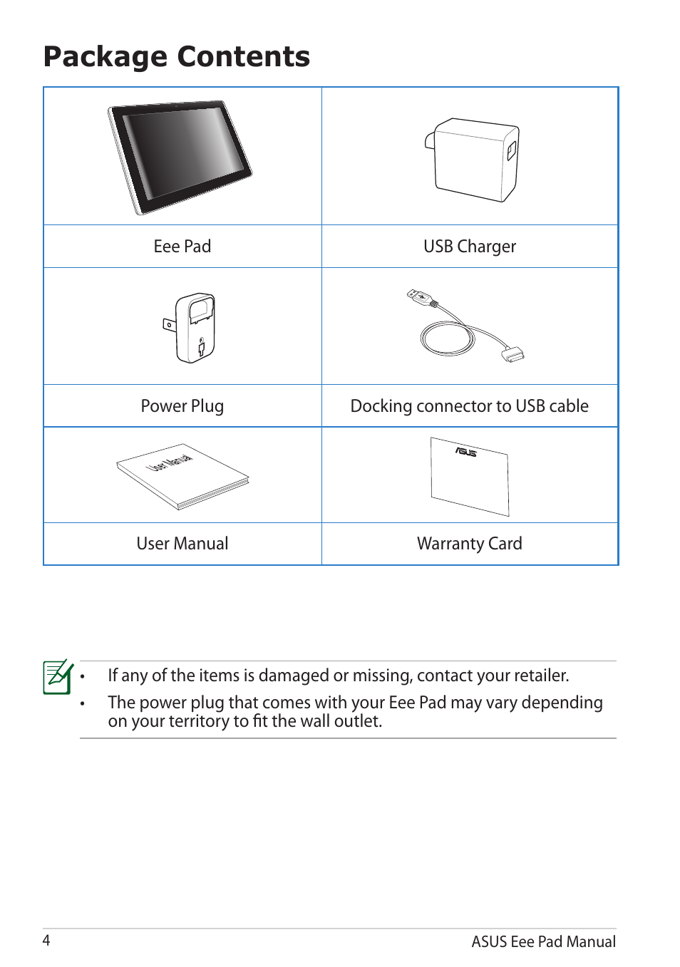 Package contents | Asus Eee Pad Transformer TF101G User Manual | Page 4 / 56