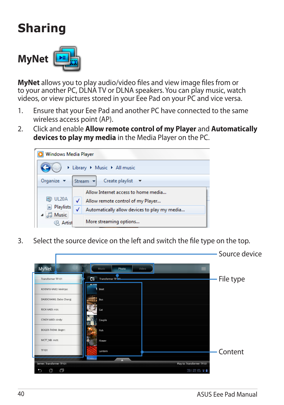 Sharing, Mynet | Asus Eee Pad Transformer TF101G User Manual | Page 40 / 56