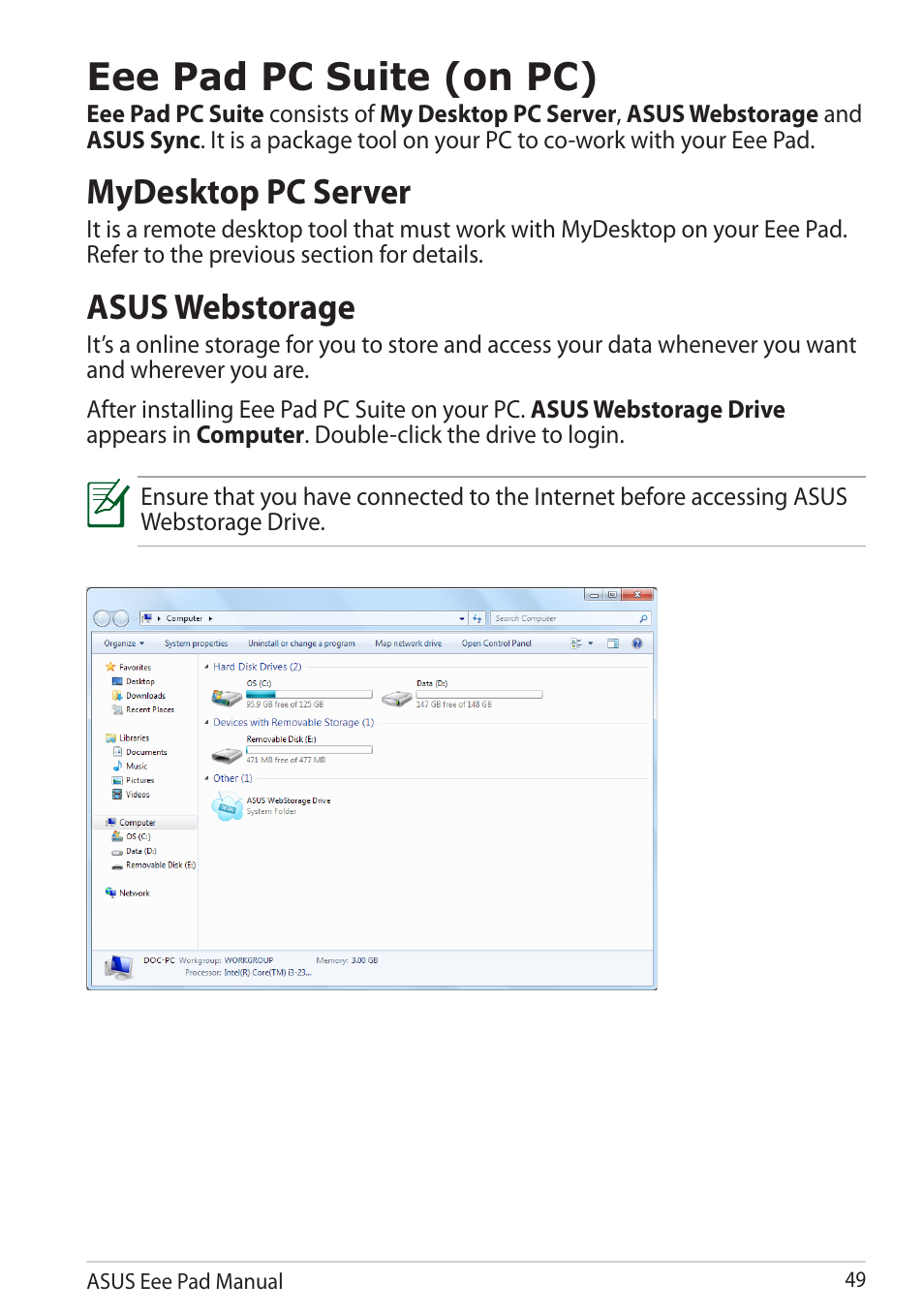 Eee pad pc suite (on pc), Mydesktop pc server, Asus webstorage | Mydesktop pc server asus webstorage | Asus Eee Pad Transformer TF101G User Manual | Page 49 / 56