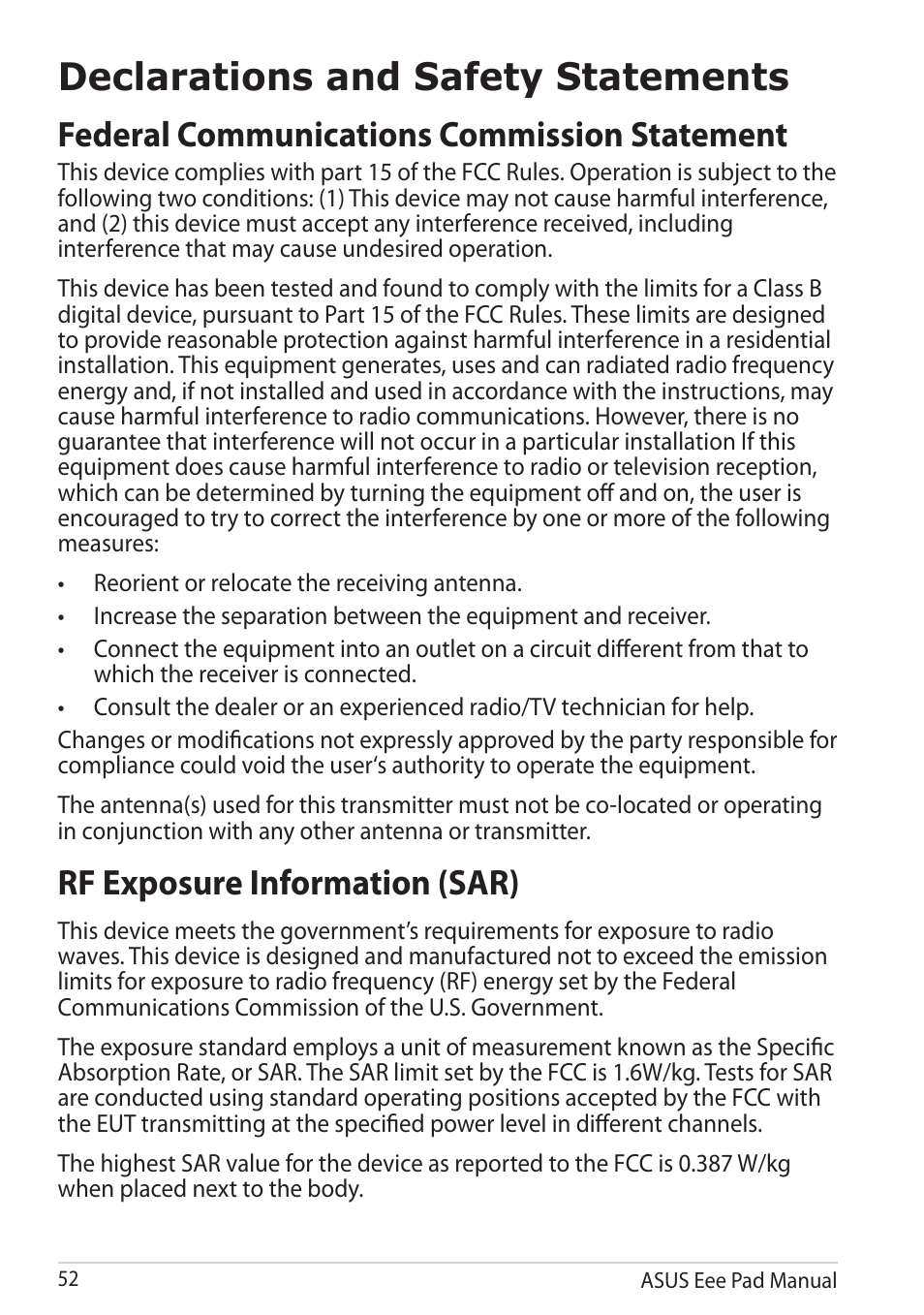 Declarations and safety statements, Federal communications commission statement, Rf exposure information (sar) | Asus Eee Pad Transformer TF101G User Manual | Page 52 / 56