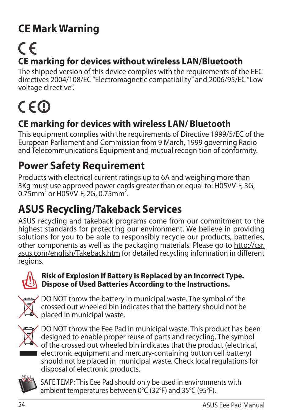 Ce mark warning, Power safety requirement, Asus recycling/takeback services | Asus Eee Pad Transformer TF101G User Manual | Page 54 / 56