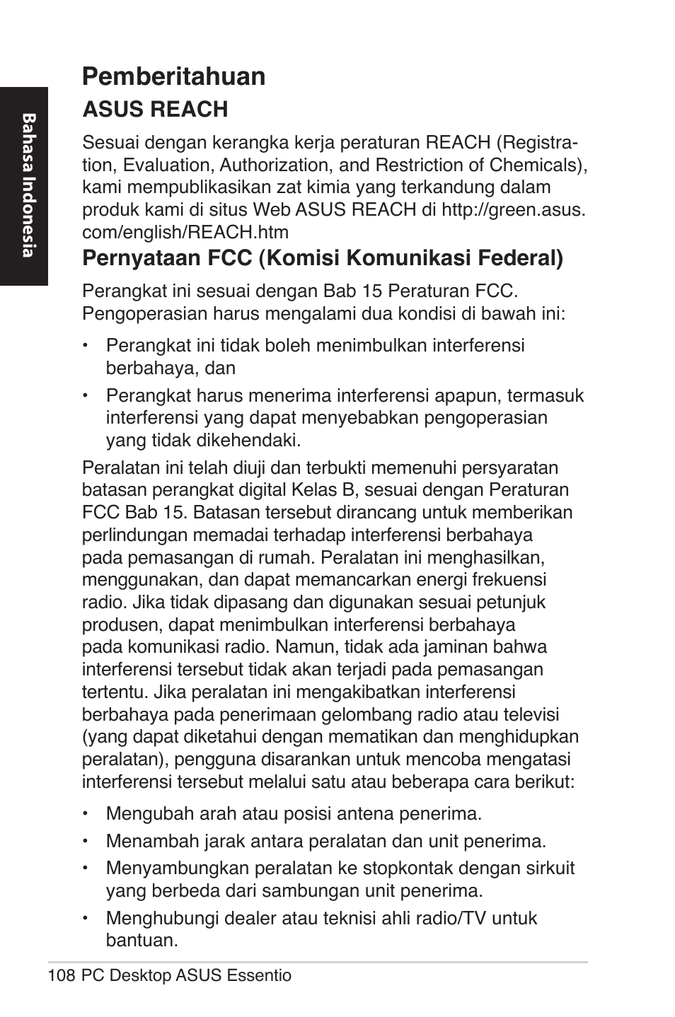 Pemberitahuan, Pernyataan fcc (komisi komunikasi federal), Asus reach | Asus CM5570 User Manual | Page 108 / 122