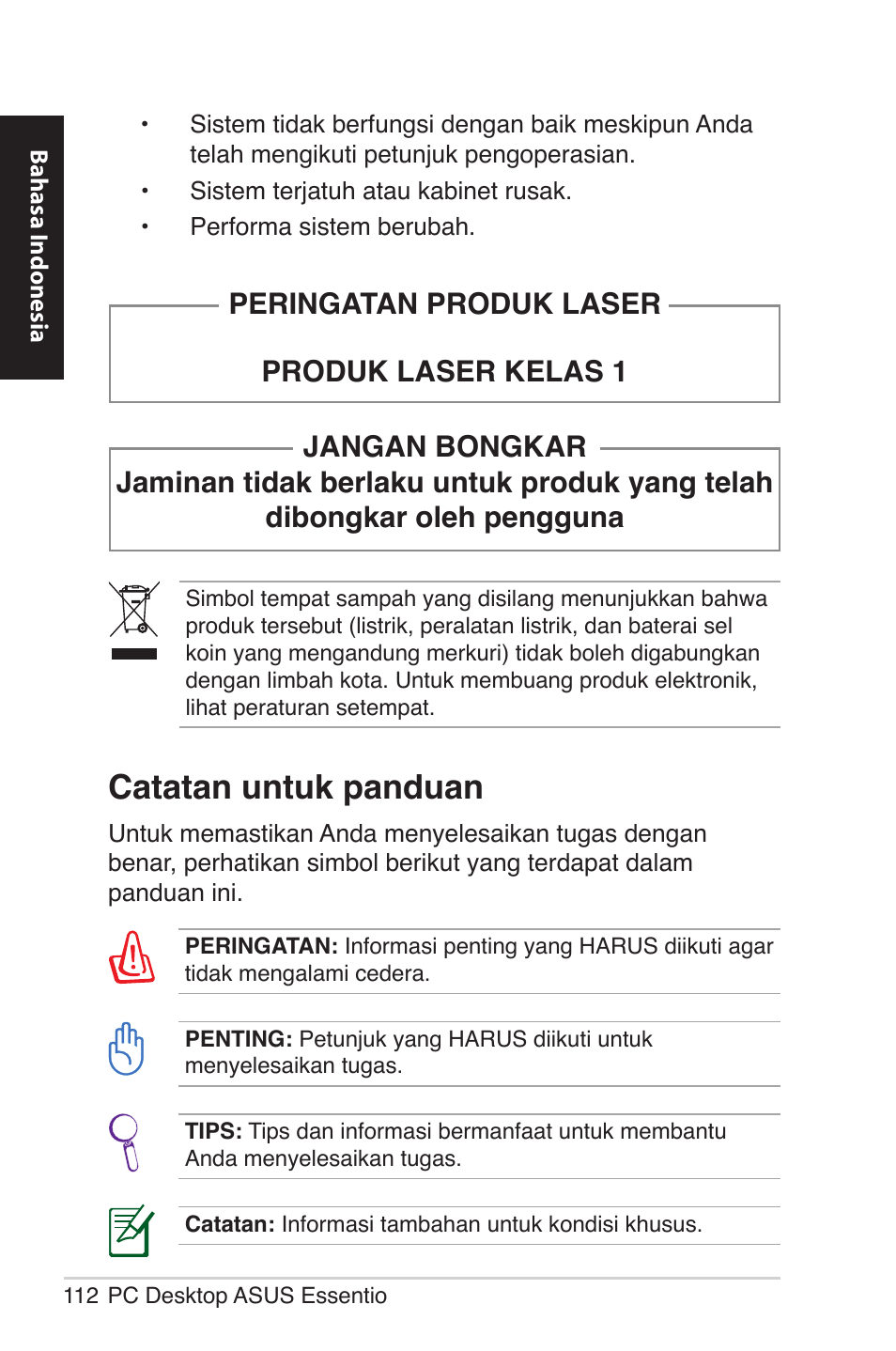 Catatan untuk panduan | Asus CM5570 User Manual | Page 112 / 122