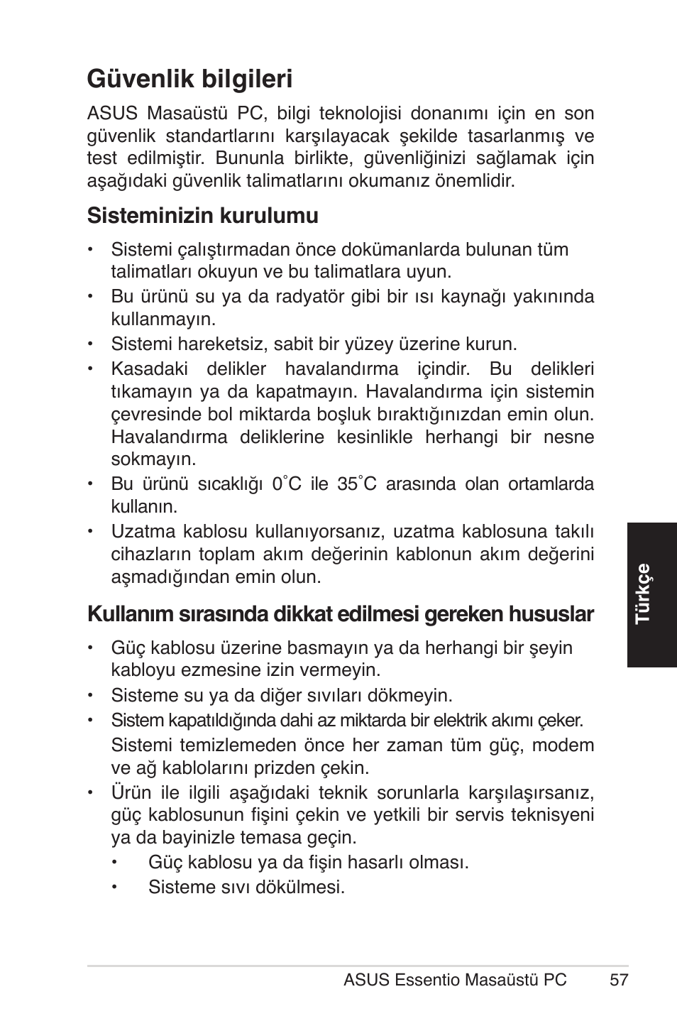 Güvenlik bilgileri, Sisteminizin kurulumu | Asus CM5570 User Manual | Page 57 / 122