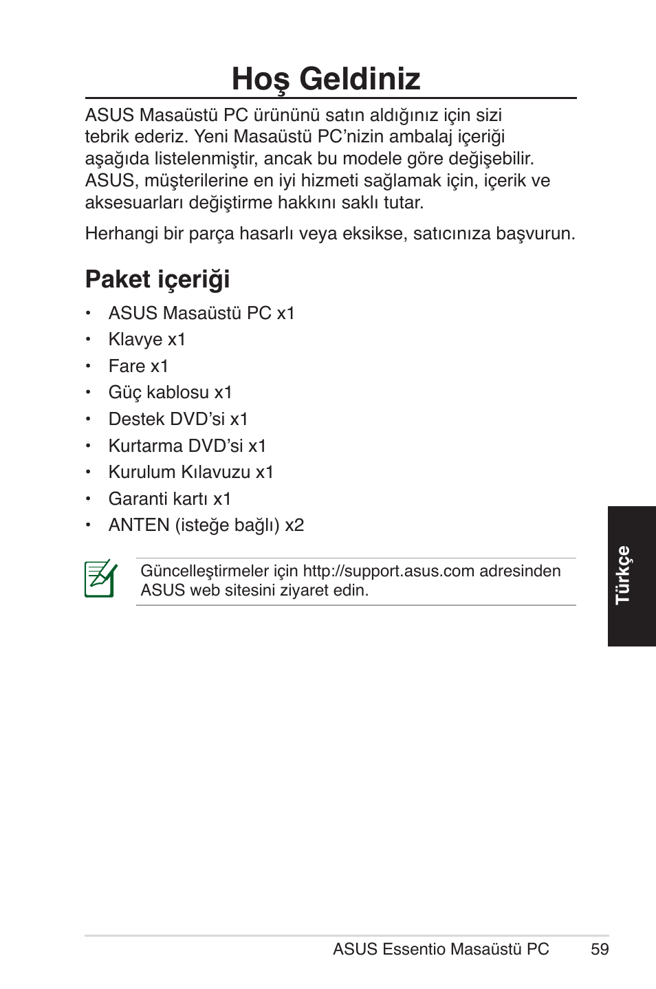 Hoş geldiniz, Paket içeriği | Asus CM5570 User Manual | Page 59 / 122