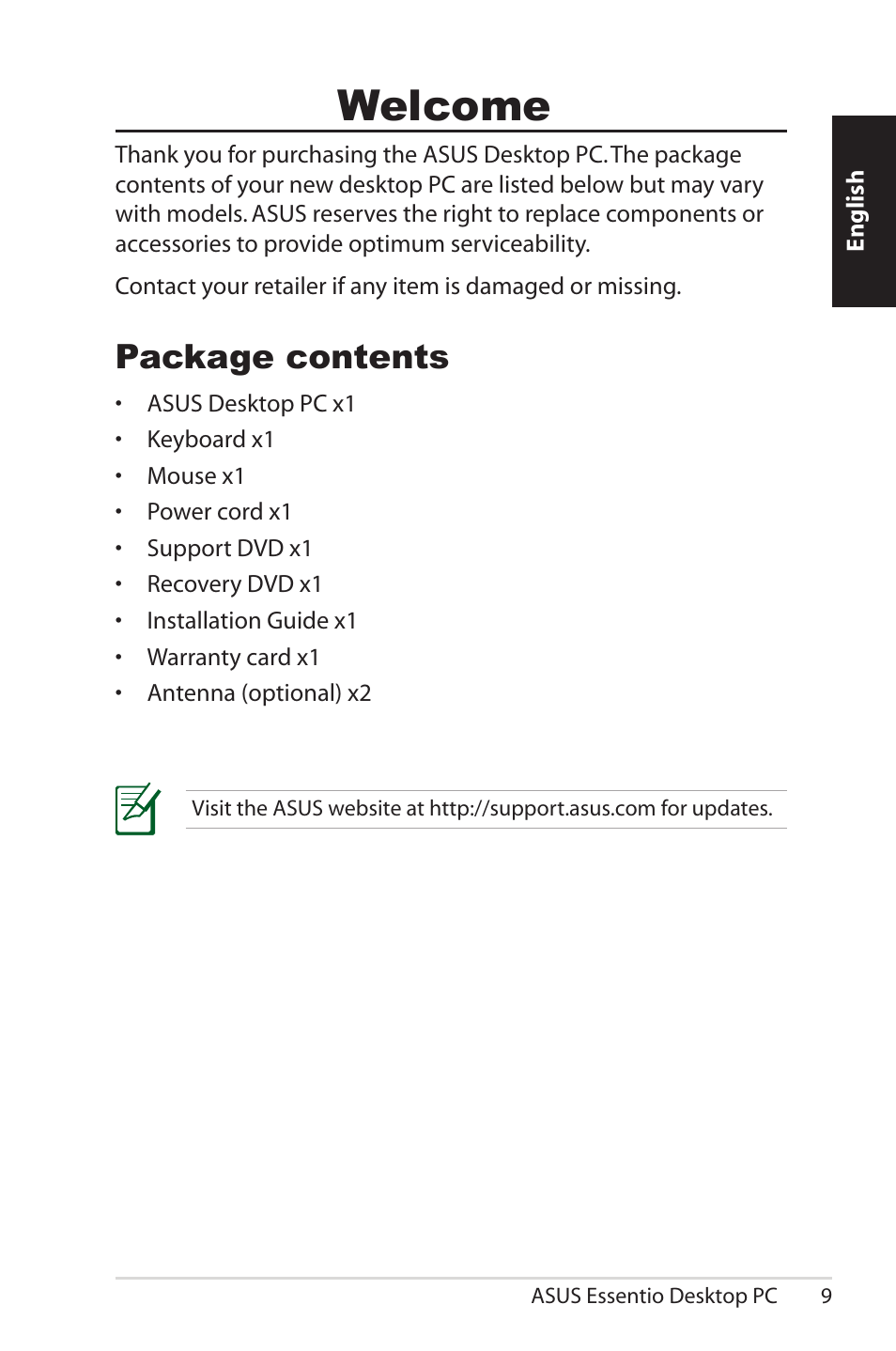 Welcome, Package contents | Asus CM5570 User Manual | Page 9 / 122