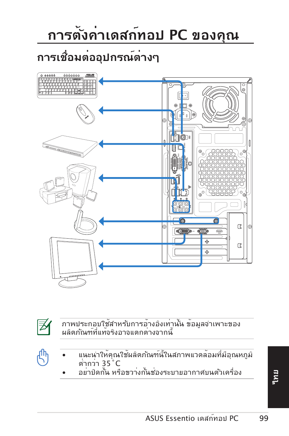 การตั้งค่าเดสก์ทอป pc ของคุณ, การเชื่อมต่ออุปกรณ์ต่างๆ | Asus CM5570 User Manual | Page 99 / 122