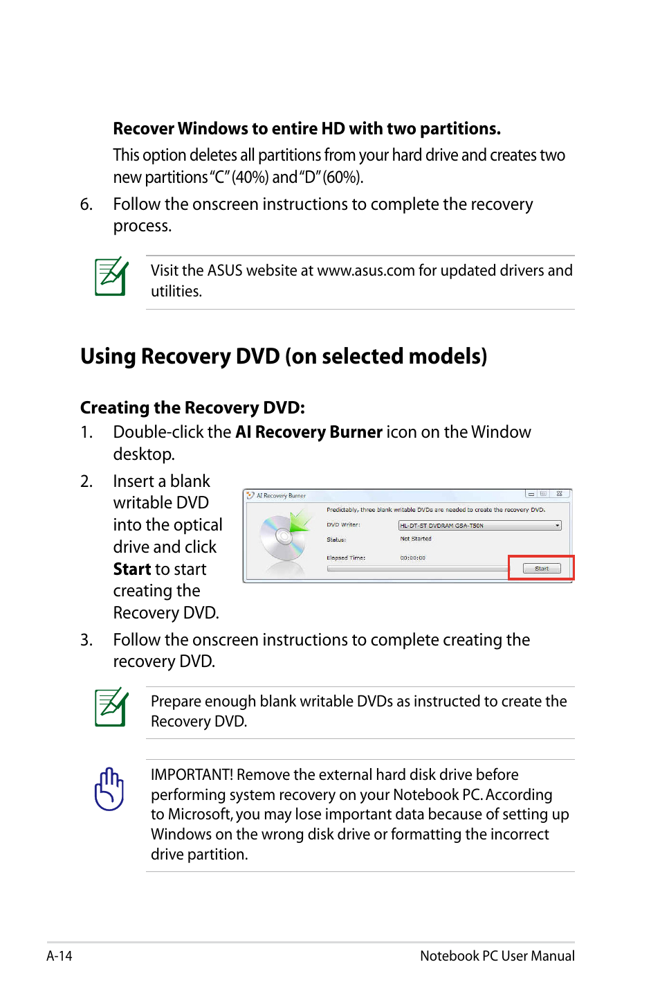 Using recovery dvd (on selected models) | Asus B53S User Manual | Page 100 / 126