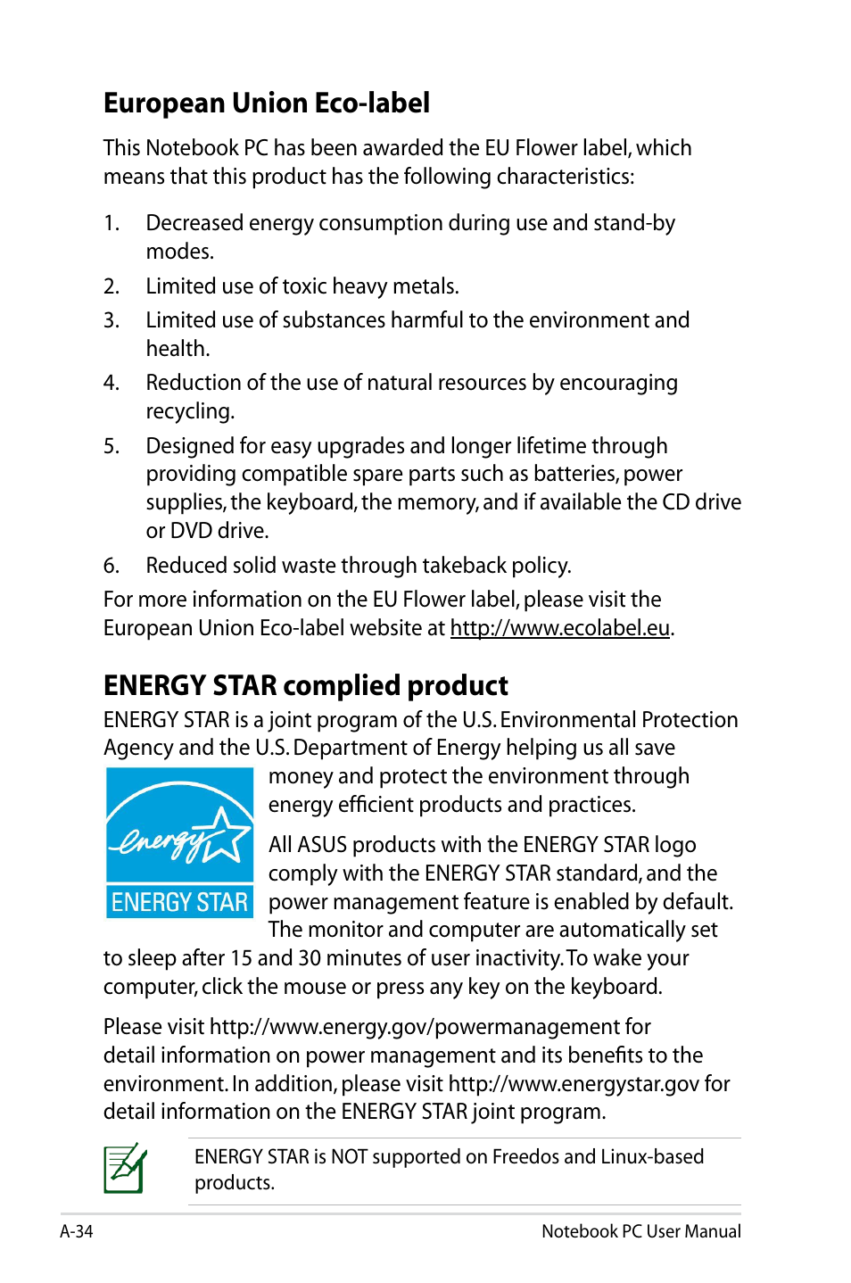 European union eco-label, Energy star complied product | Asus B53S User Manual | Page 120 / 126