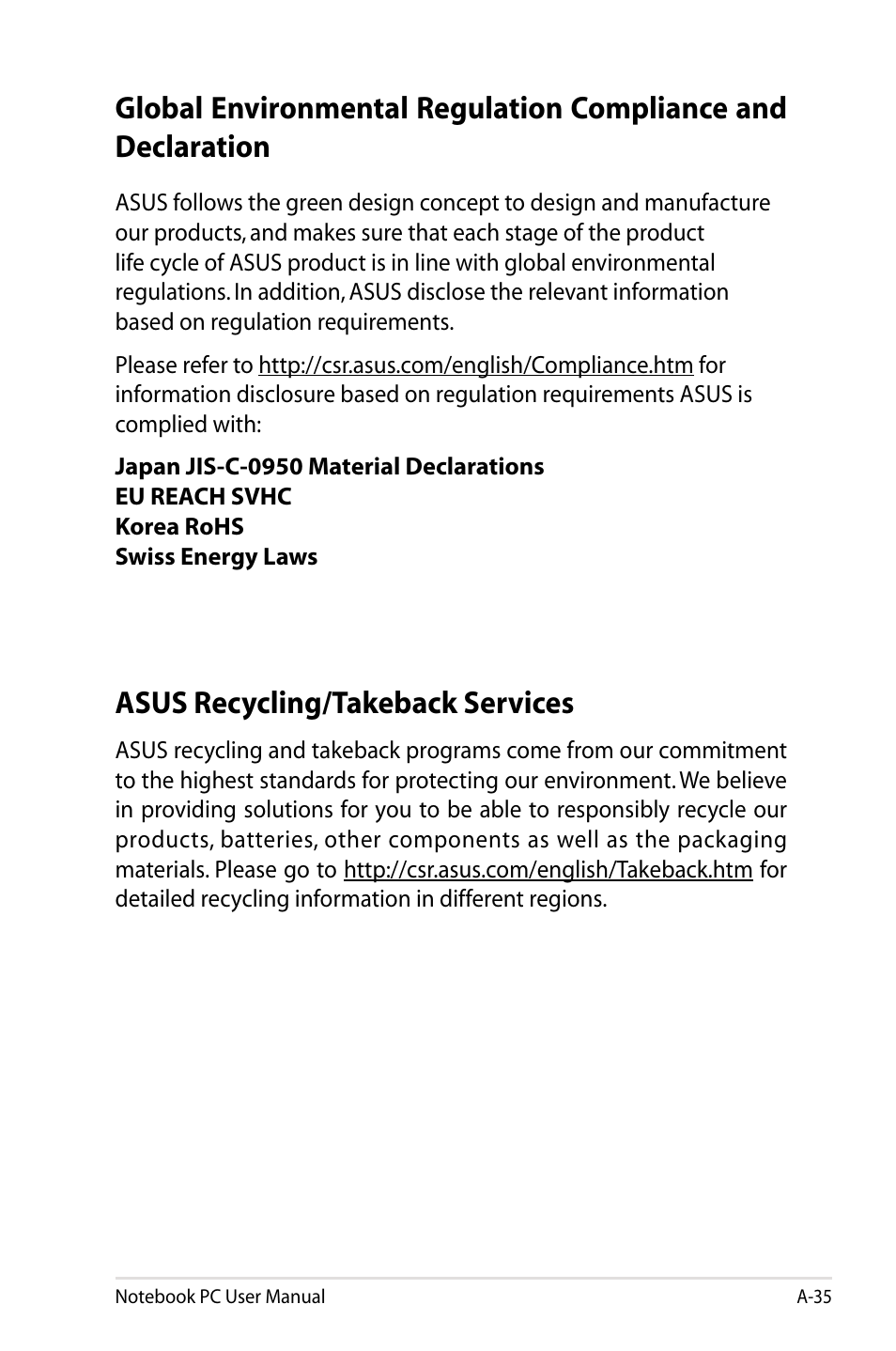 Asus recycling/takeback services | Asus B53S User Manual | Page 121 / 126