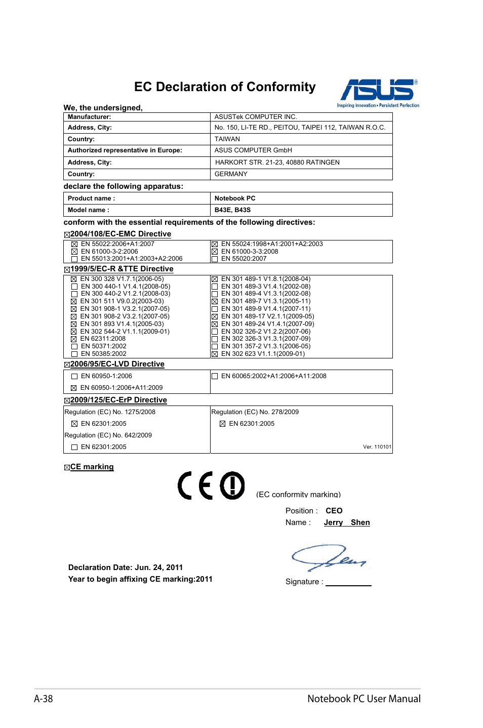 Ec declaration of conformity | Asus B53S User Manual | Page 124 / 126