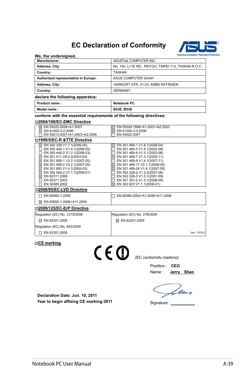 Ec declaration of conformity | Asus B53S User Manual | Page 125 / 126
