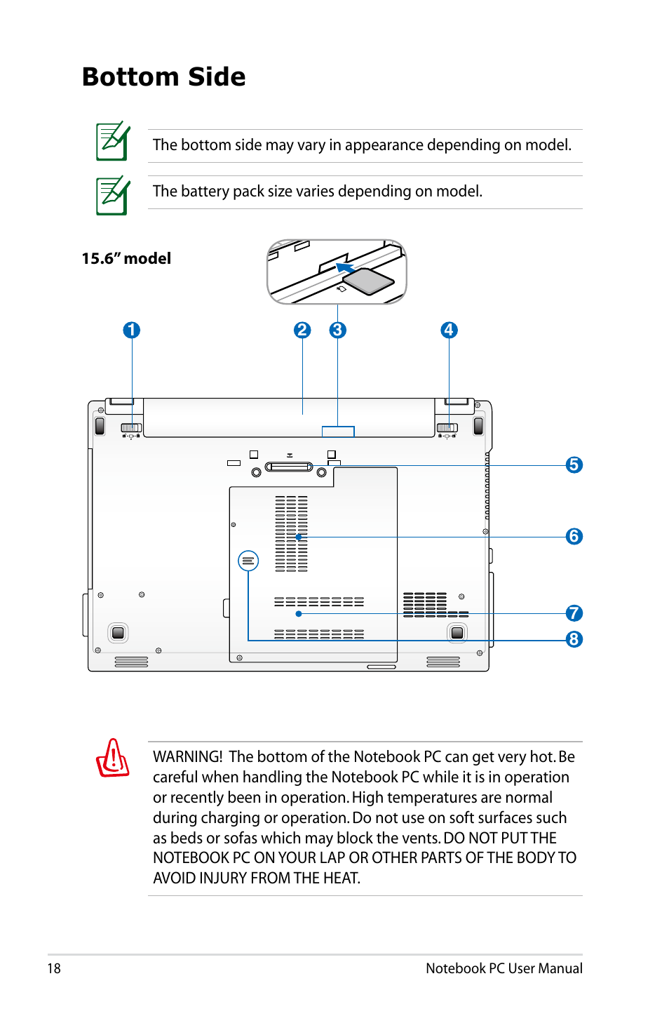 Bottom side | Asus B53S User Manual | Page 18 / 126