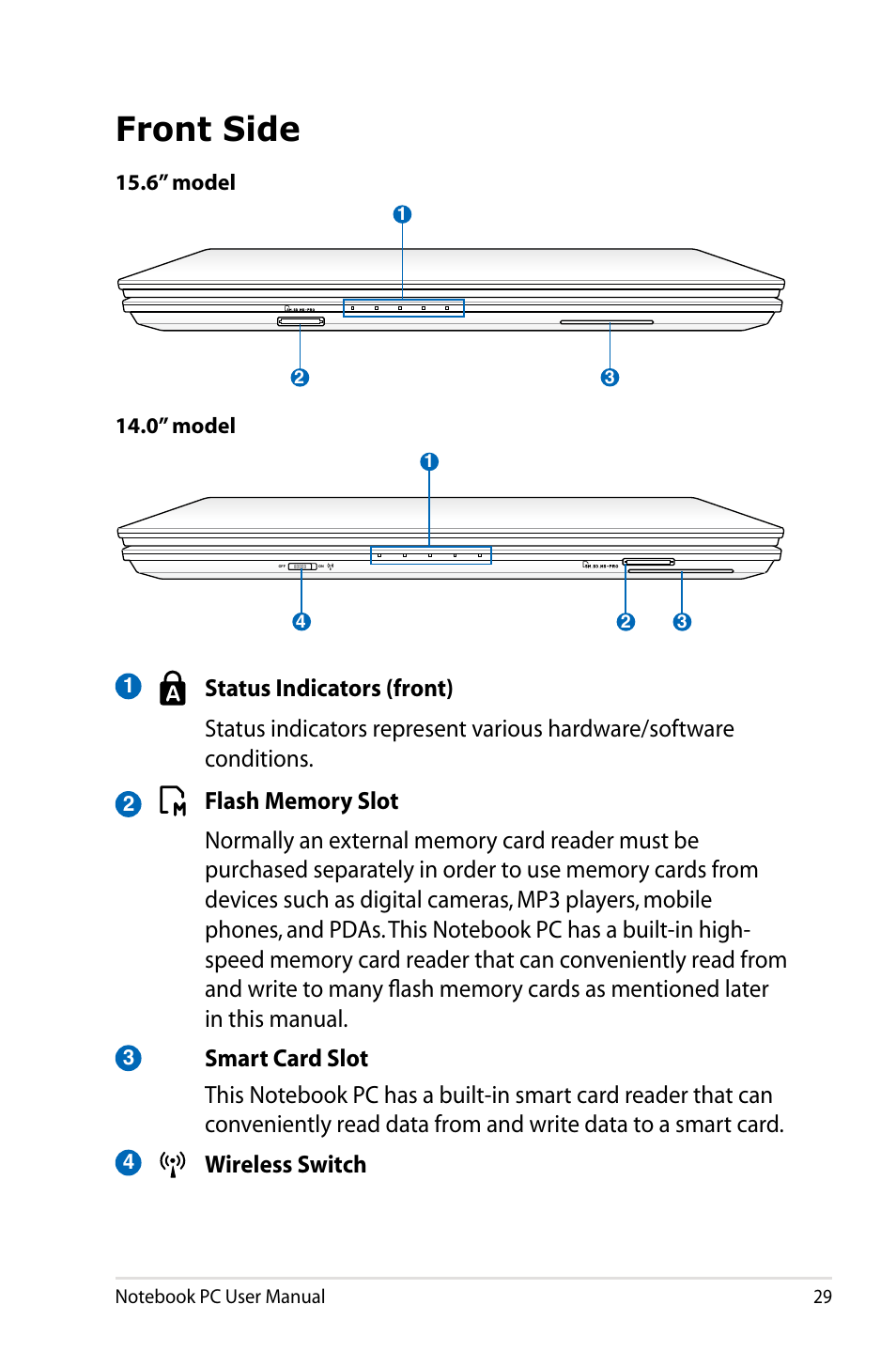 Front side, 6” model 14.0” model | Asus B53S User Manual | Page 29 / 126