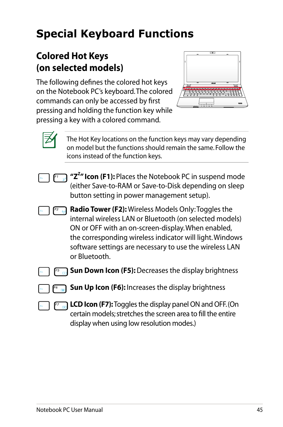 Special keyboard functions, Colored hot keys (on selected models) | Asus B53S User Manual | Page 45 / 126