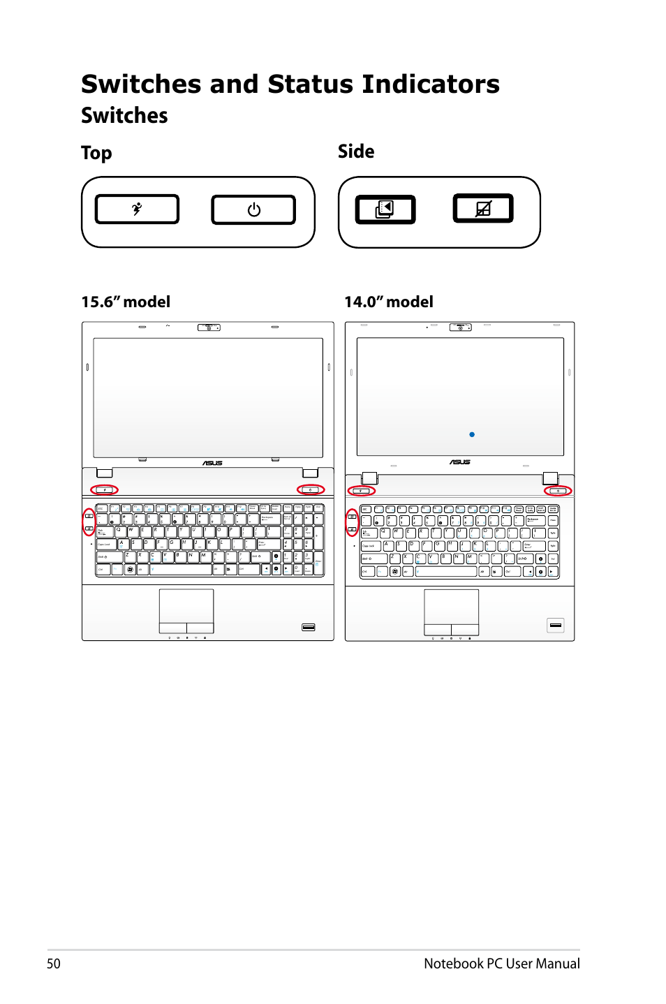 Switches and status indicators, Switches, Top side | 6” model, 0” model, Off on | Asus B53S User Manual | Page 50 / 126