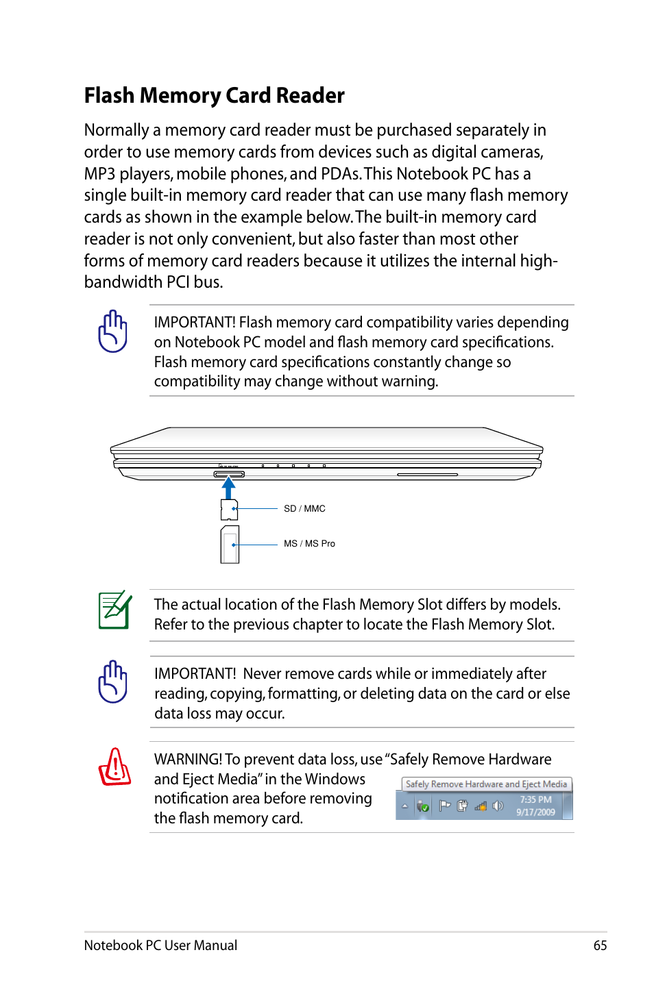 Flash memory card reader | Asus B53S User Manual | Page 65 / 126