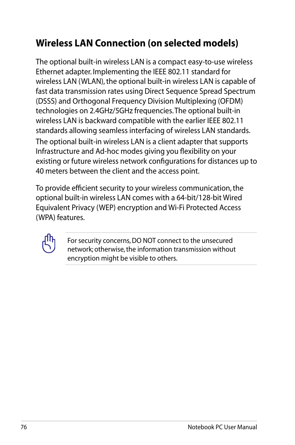 Wireless lan connection (on selected models) | Asus B53S User Manual | Page 76 / 126