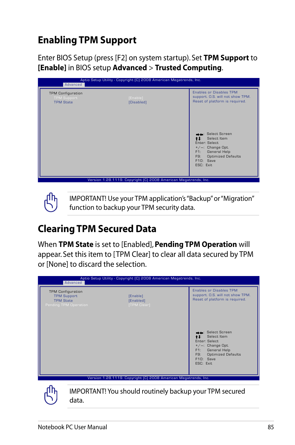 Enabling tpm support, Clearing tpm secured data, Enabling tpm support clearing tpm secured data | Asus B53S User Manual | Page 85 / 126