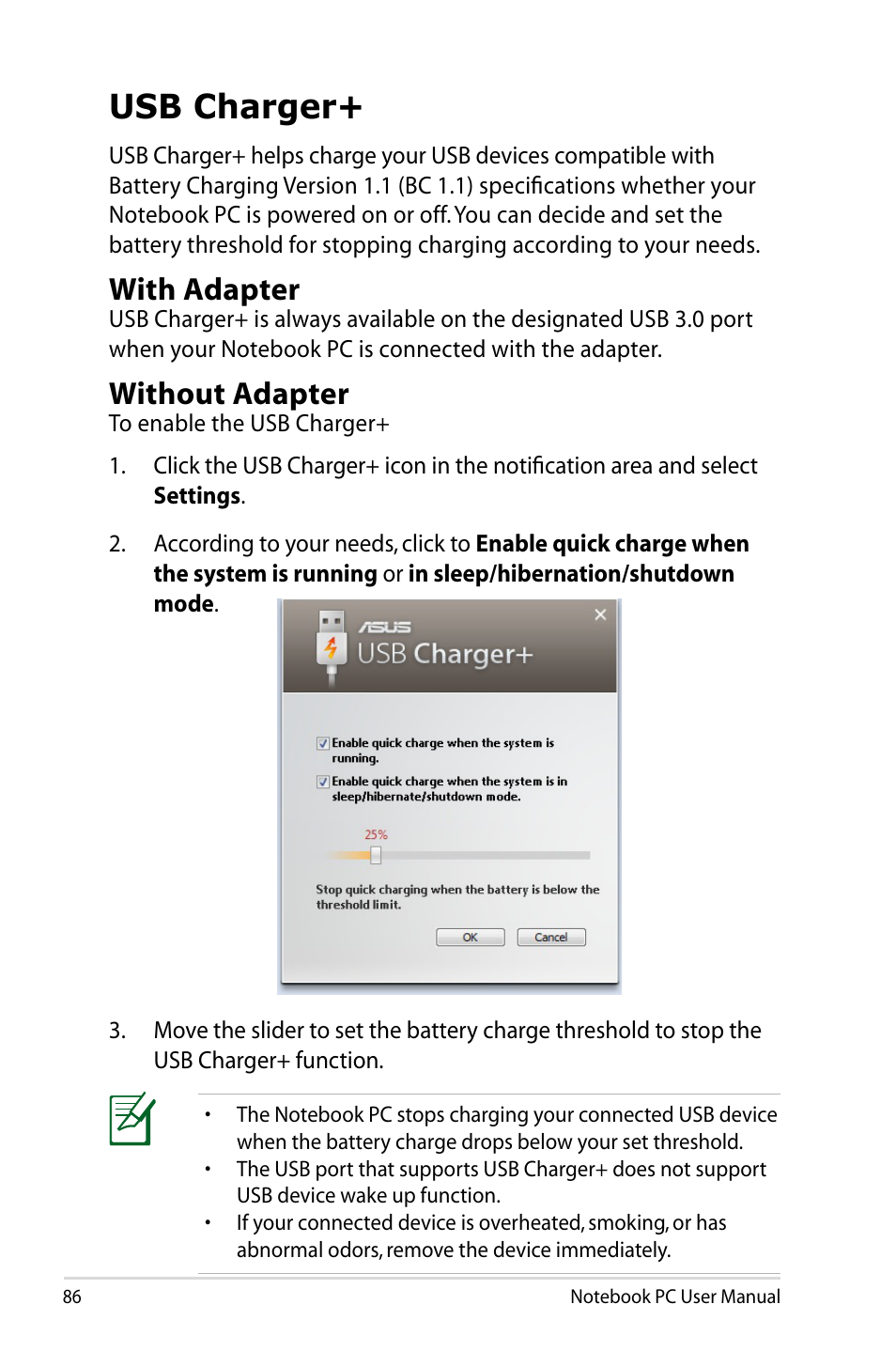 Usb charger, With adapter, Without adapter | Asus B53S User Manual | Page 86 / 126