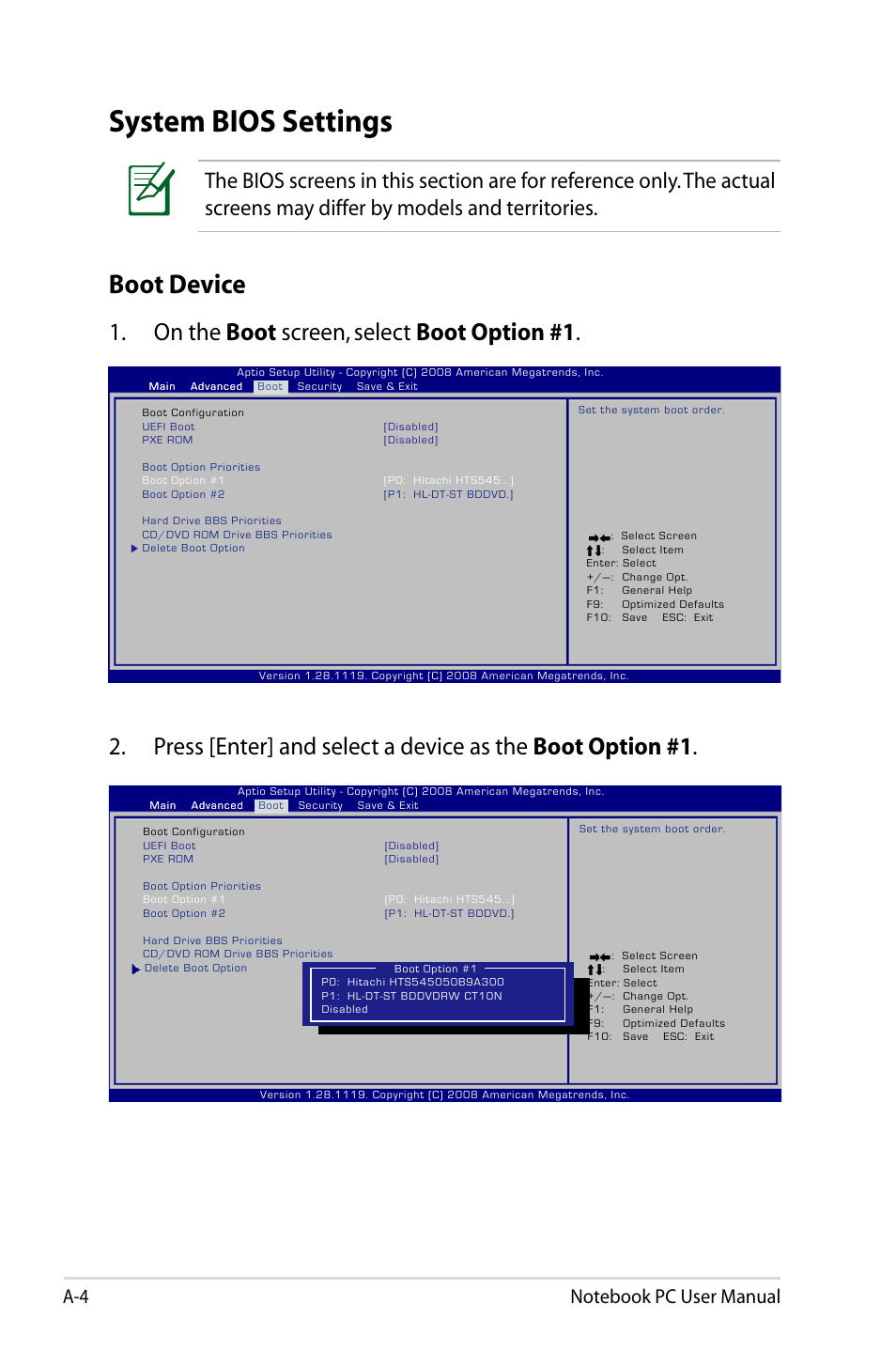 System bios settings, Boot device, On the boot screen, select boot option #1 | Asus B53S User Manual | Page 90 / 126