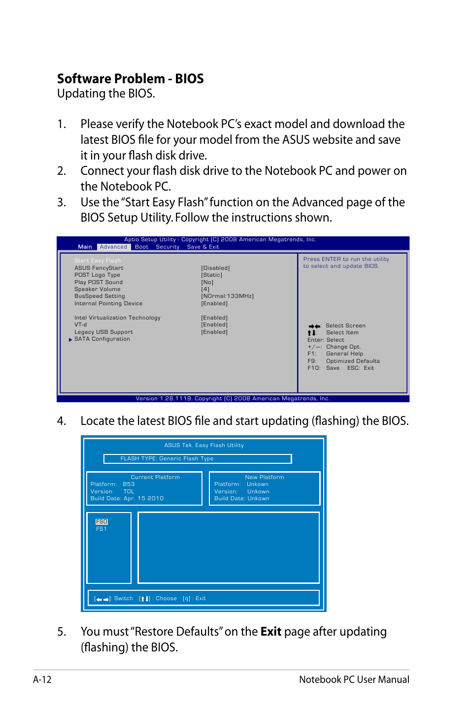 Software problem - bios | Asus B53S User Manual | Page 98 / 126