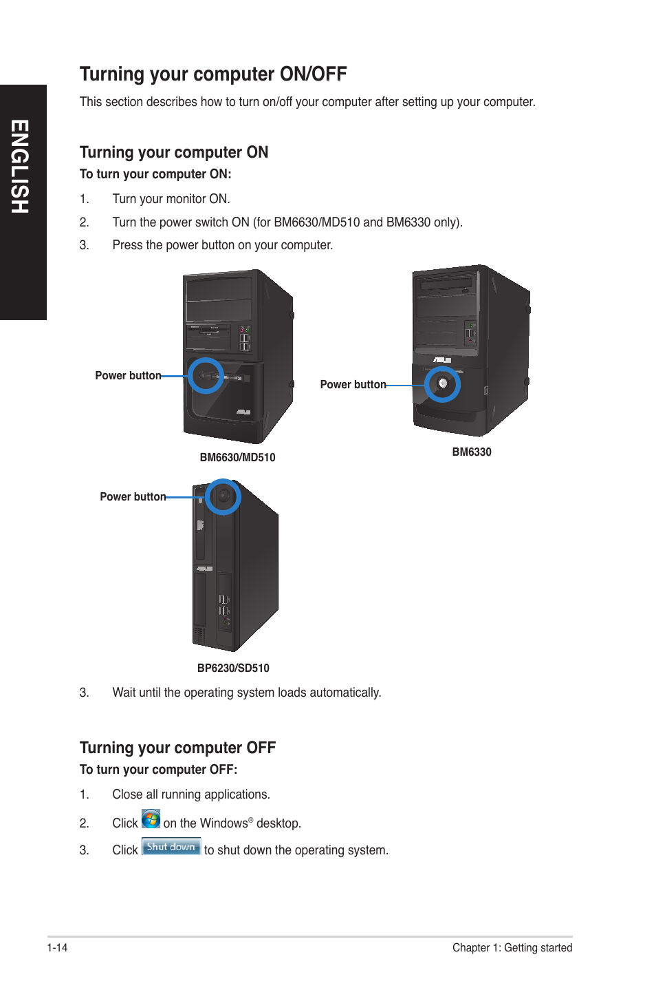 En g lis h en g li sh, Turning your computer on/off | Asus BP6230 User Manual | Page 22 / 62