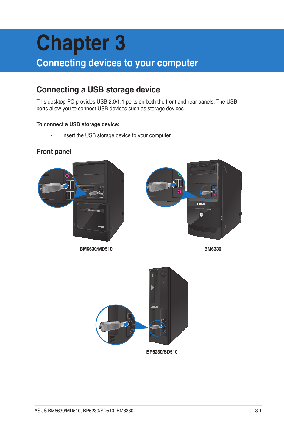 Chapter 3, Connecting devices to your computer, Connecting a usb storage device | Asus BP6230 User Manual | Page 33 / 62