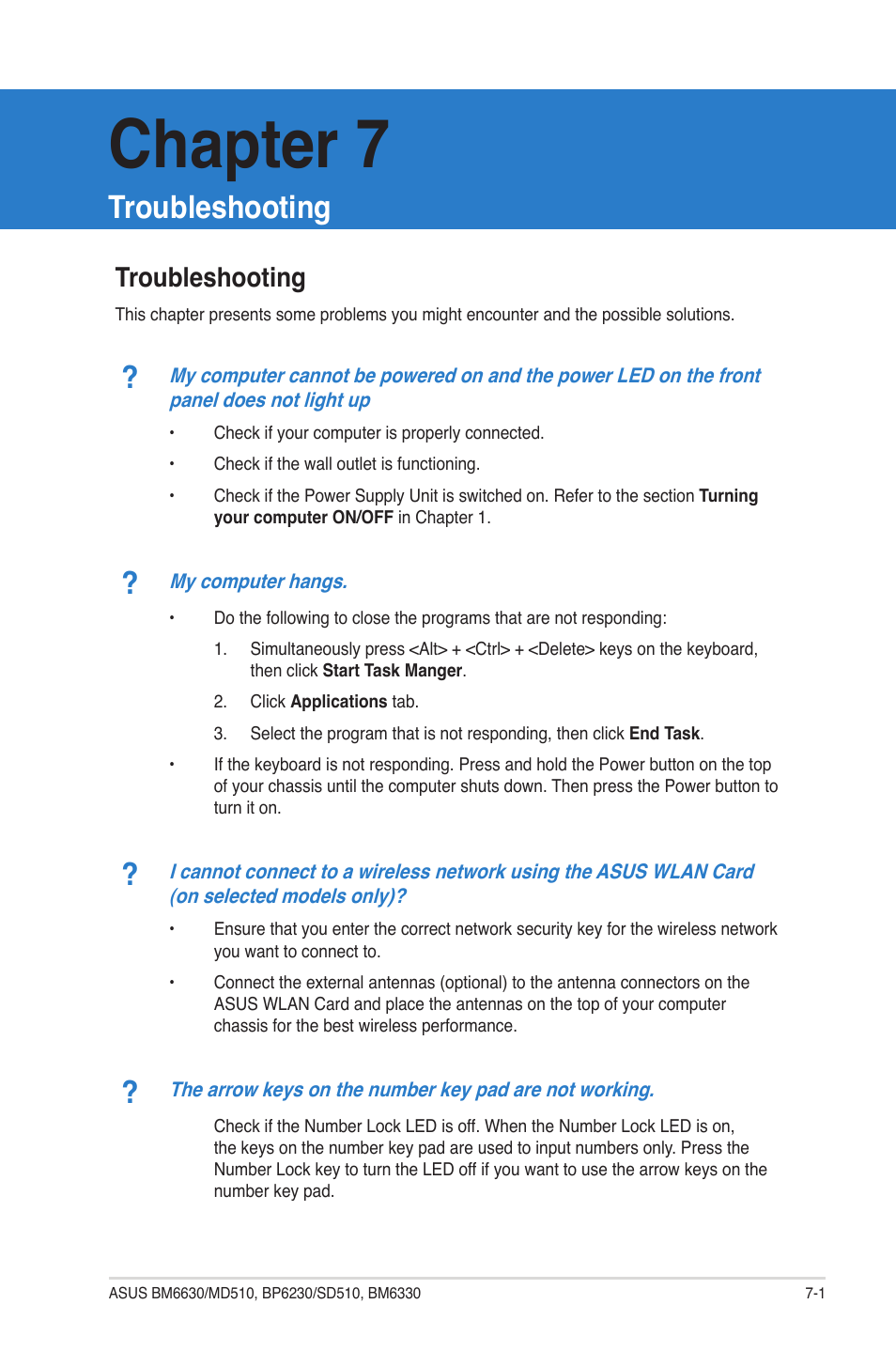 Chapter 7, Troubleshooting | Asus BP6230 User Manual | Page 55 / 62