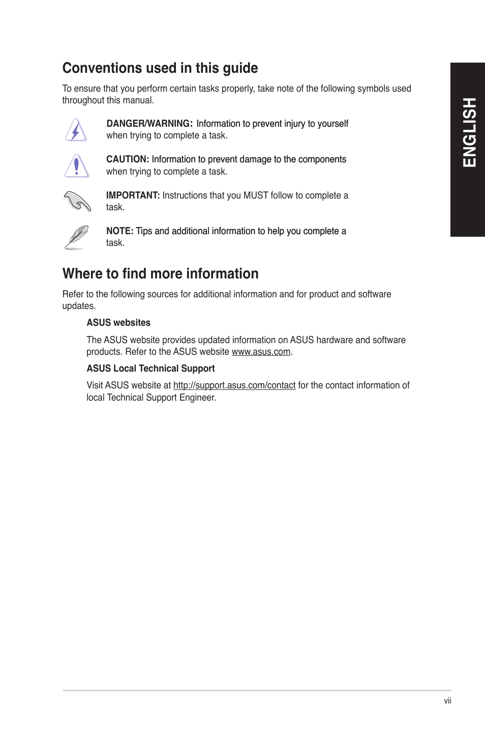 Conventions used in this guide, Where to find more information, En g lis h en g li sh | Asus BP6230 User Manual | Page 7 / 62