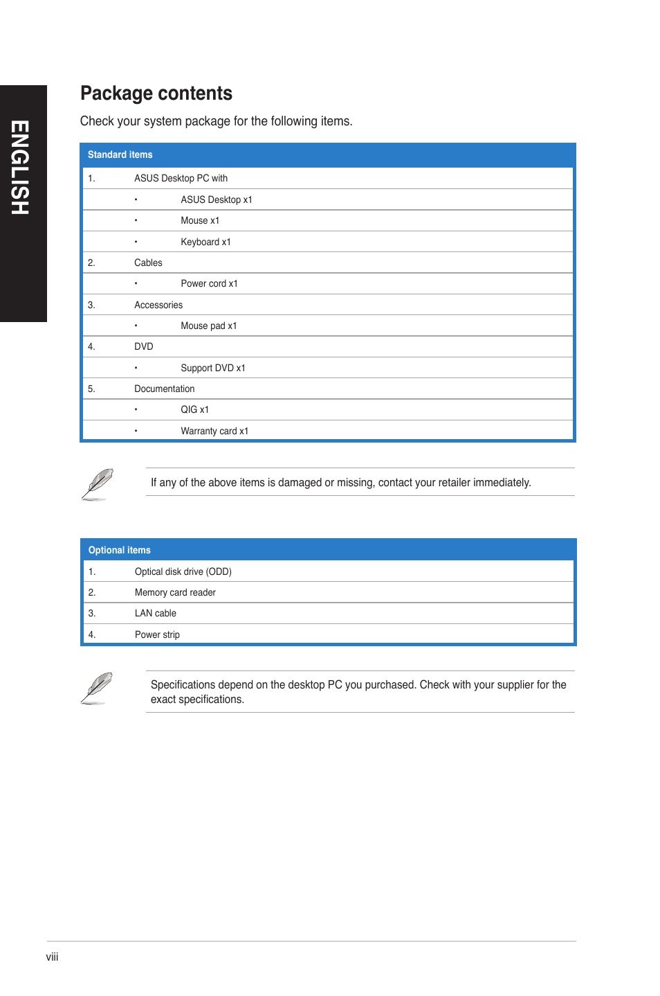 Package contents, En g lis h en g li sh | Asus BP6230 User Manual | Page 8 / 62