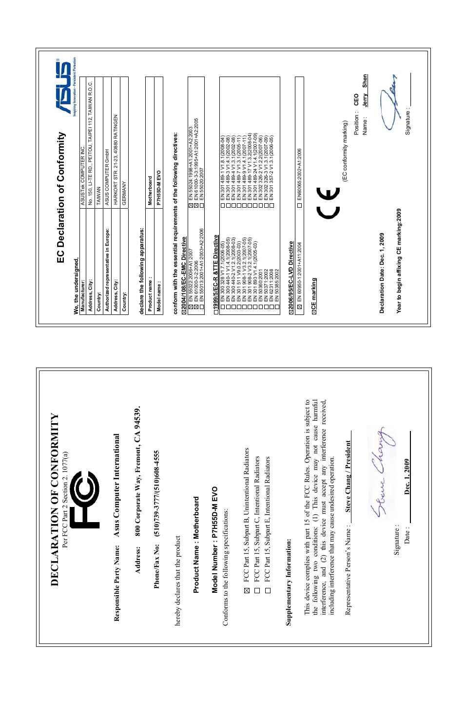 Declaration of conformity, Ec declaration of conformity, Asu s c om pu te r in te rn at io na l | Asus P7H55D-M EVO User Manual | Page 116 / 116