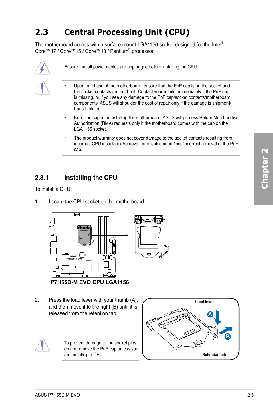 3 central processing unit (cpu), 1 installing the cpu, Central processing unit (cpu) -5 2.3.1 | Installing the cpu -5, Chapter 2 2.3 central processing unit (cpu) | Asus P7H55D-M EVO User Manual | Page 23 / 116