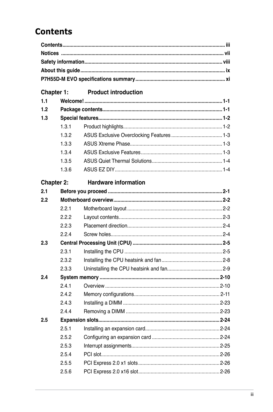 Asus P7H55D-M EVO User Manual | Page 3 / 116