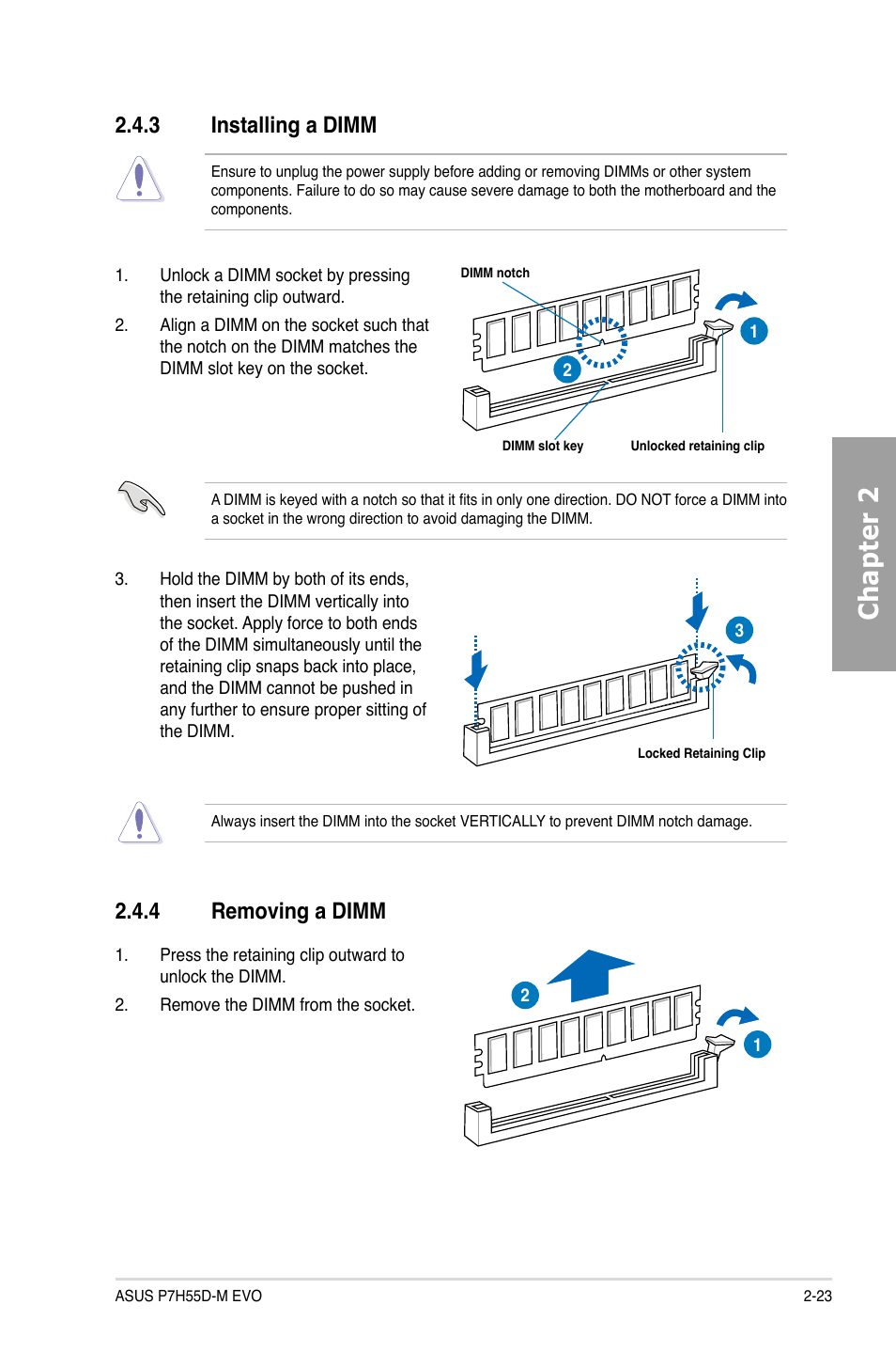 3 installing a dimm, 4 removing a dimm, Installing a dimm -23 | Removing a dimm -23, Chapter 2 | Asus P7H55D-M EVO User Manual | Page 41 / 116