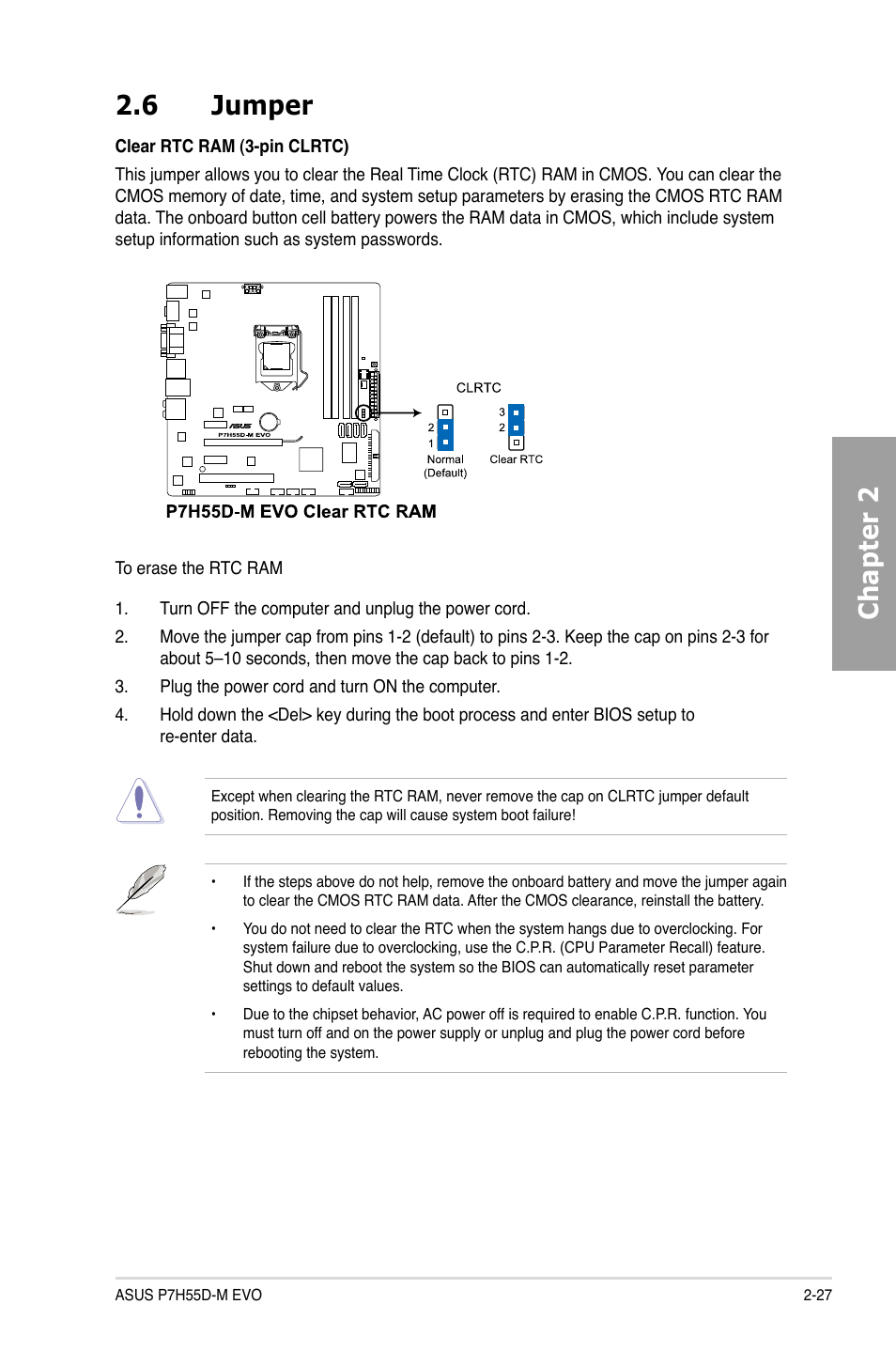 6 jumper, Jumper -27, Chapter 2 2.6 jumper | Asus P7H55D-M EVO User Manual | Page 45 / 116