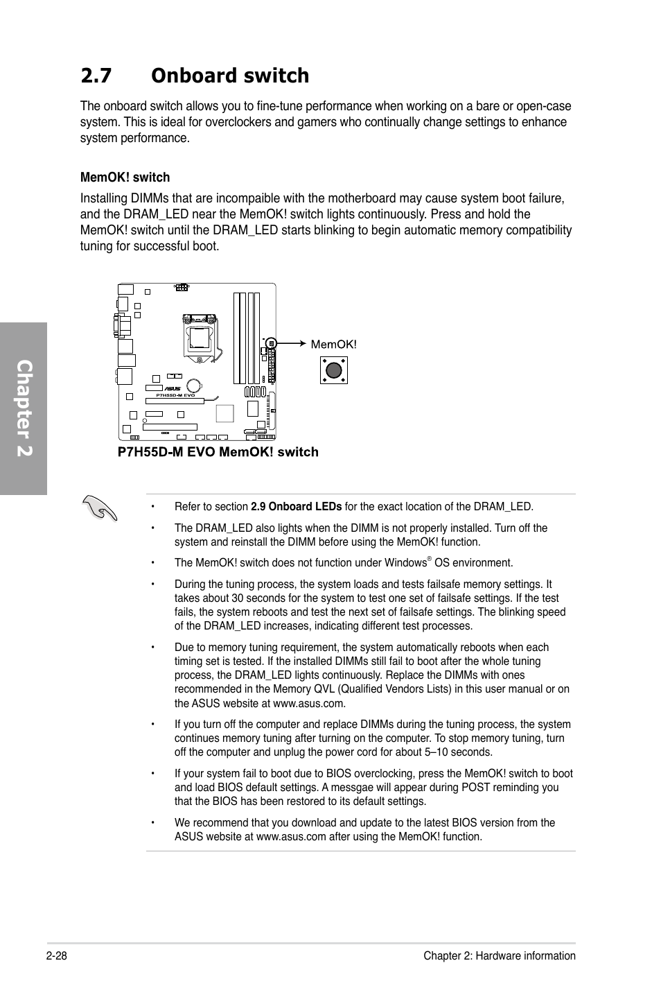 7 onboard switch, Onboard switch -28, Chapter 2 2.7 onboard switch | Asus P7H55D-M EVO User Manual | Page 46 / 116