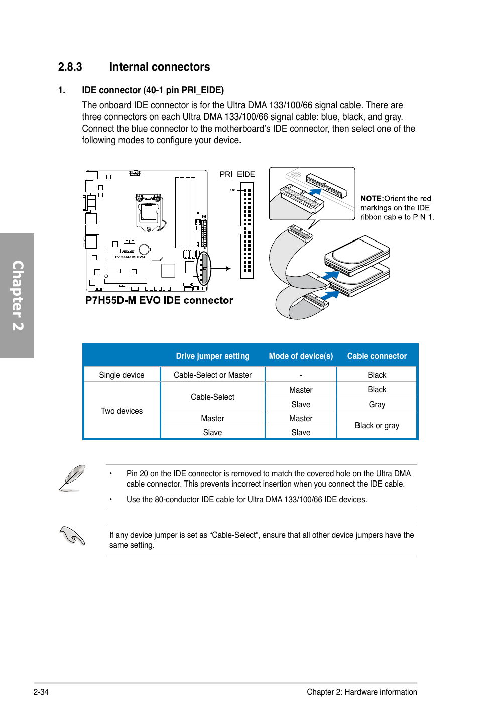 3 internal connectors, Internal connectors -34, Chapter 2 | Asus P7H55D-M EVO User Manual | Page 52 / 116