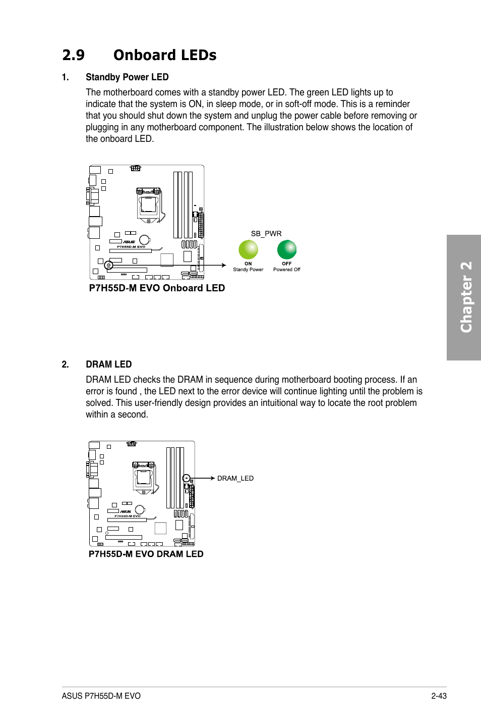 9 onboard leds, Onboard leds -43, Chapter 2 2.9 onboard leds | Asus P7H55D-M EVO User Manual | Page 61 / 116