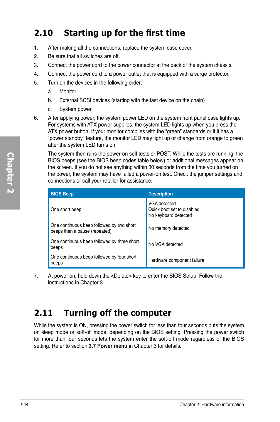 10 starting up for the first time, 11 turning off the computer, Starting up for the first time -44 | Turning off the computer -44, Chapter 2 2.10 starting up for the first time | Asus P7H55D-M EVO User Manual | Page 62 / 116