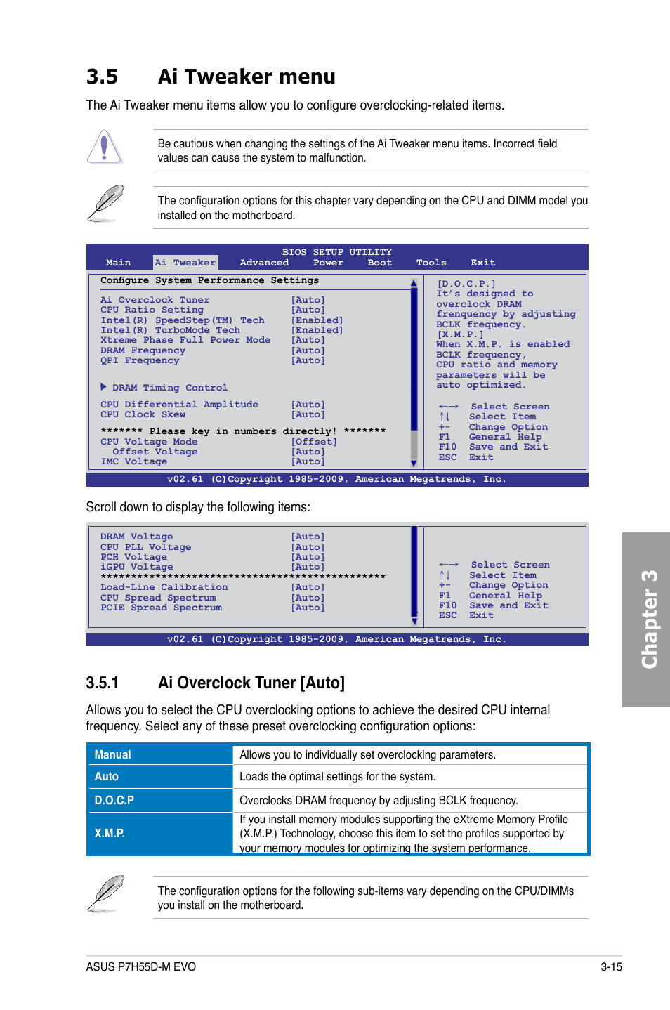 5 ai tweaker menu, 1 ai overclock tuner [auto, Ai tweaker menu -15 3.5.1 | Ai overclock tuner -15, Chapter 3 3.5 ai tweaker menu, Scroll down to display the following items | Asus P7H55D-M EVO User Manual | Page 77 / 116