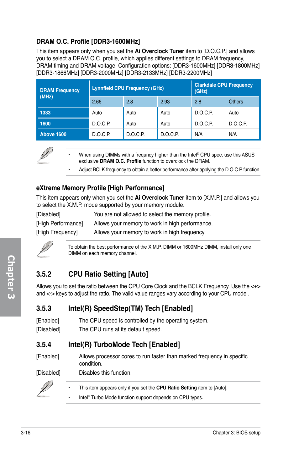 2 cpu ratio setting [auto, 3 intel(r) speedstep(tm) tech [enabled, 4 intel(r) turbomode tech [enabled | Cpu ratio setting -16, Intel(r) speedstep(tm) tech -16, Intel(r) turbomode tech -16, Chapter 3 | Asus P7H55D-M EVO User Manual | Page 78 / 116